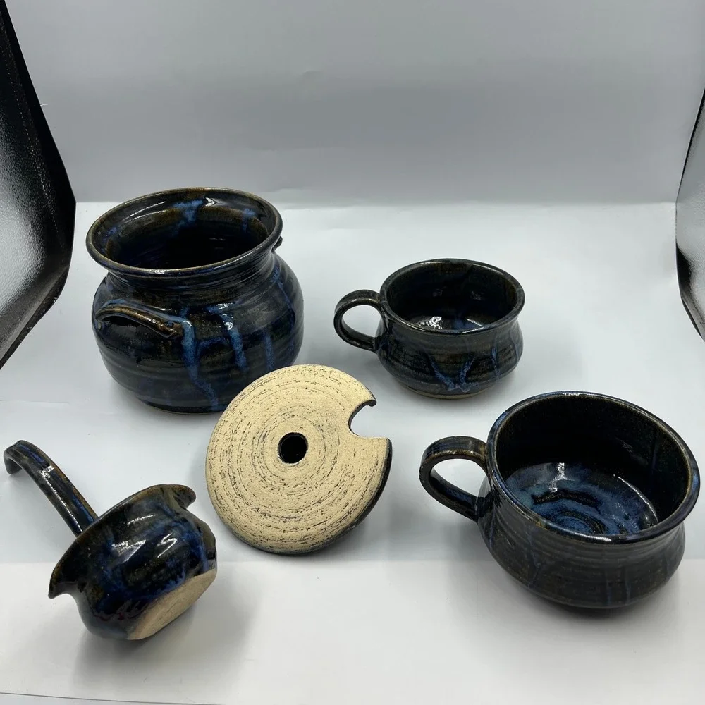 Vintage Signed Studio Pottery Soup Pot with Lid Ladle and 2‎ Bowls Blue Glaze